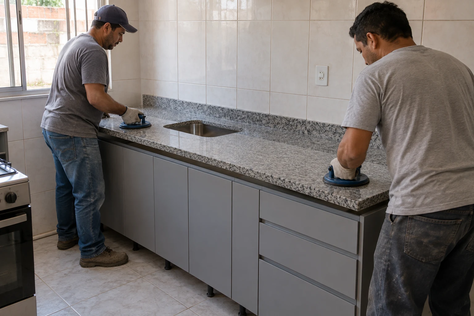 Dois instaladores posicionando bancada de granito sobre os armários; cena ilustrativa.