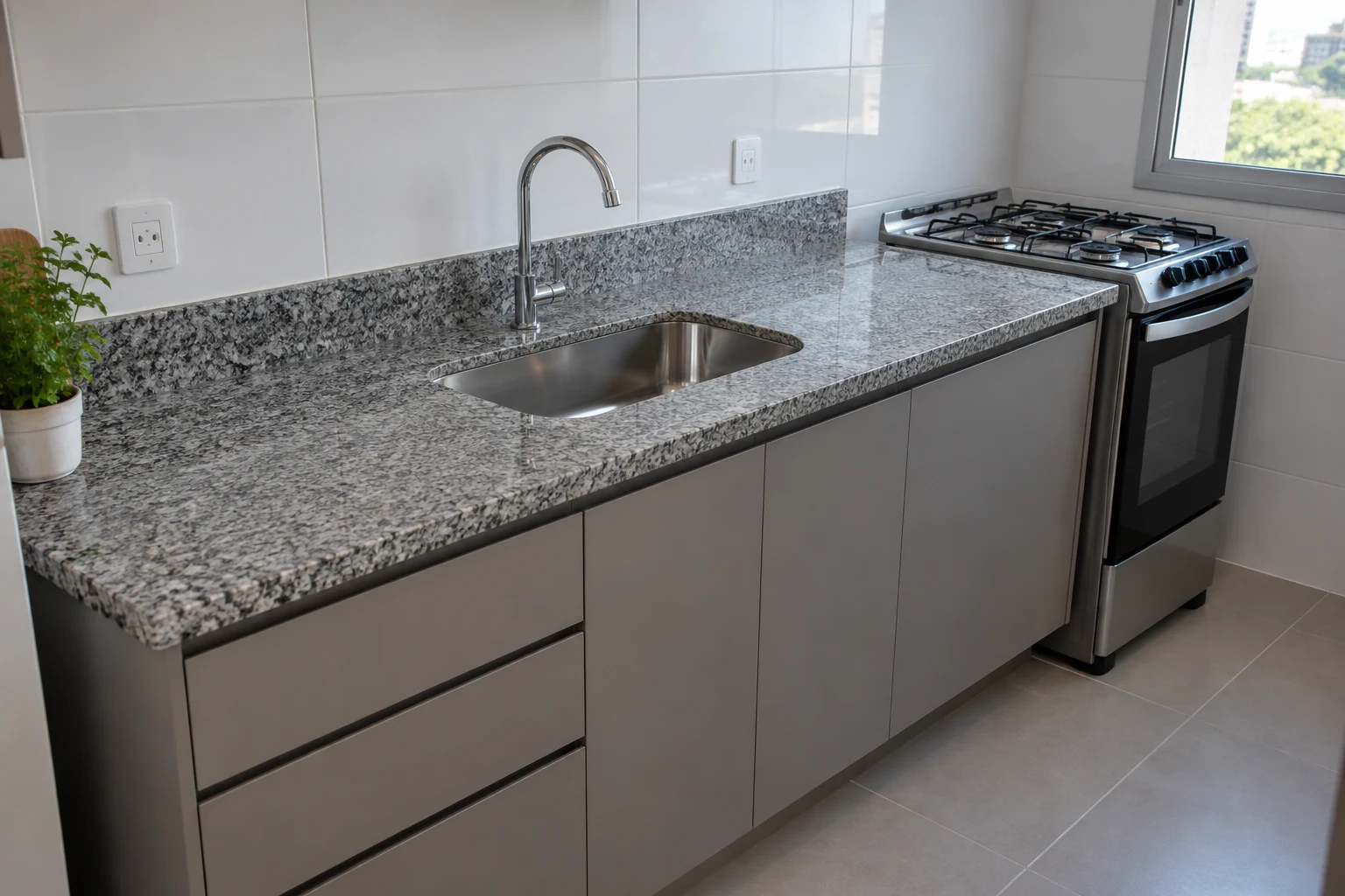 Cozinha com bancada de granito cinza, cuba inox e rodabanca; ambiente ilustrativo.